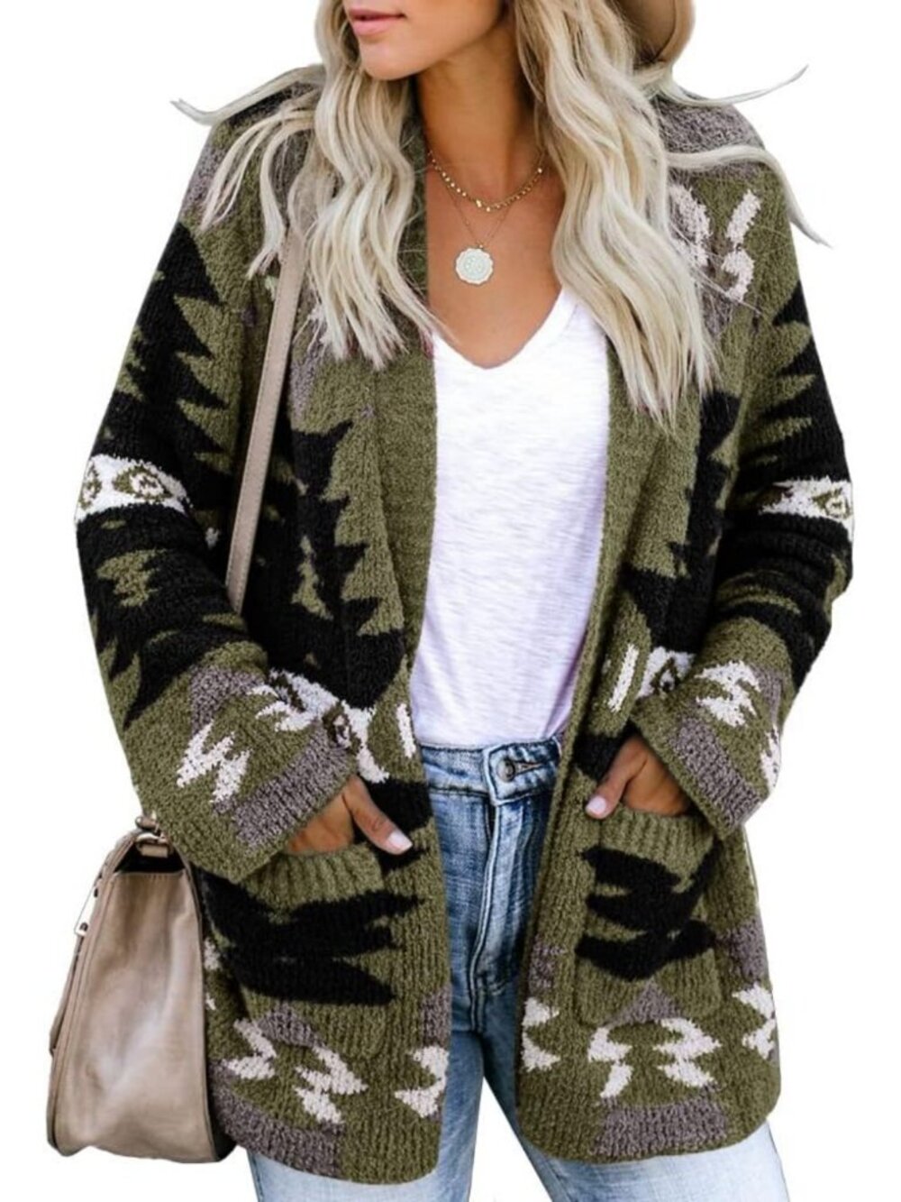 Boho Aztec Open Front Cardigan - Loose Slouchy Long Sleeve Knit Sweater Coat